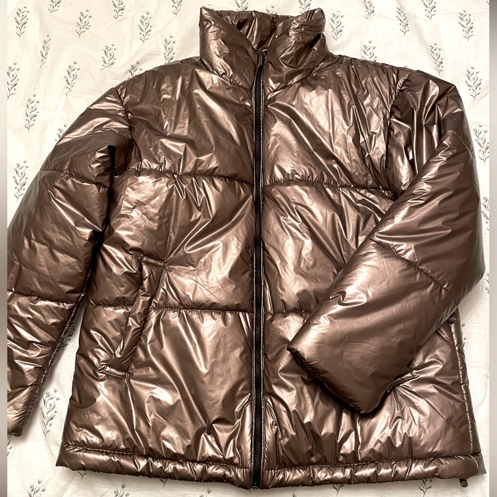 Women’s puffer coat, rose gold metallic sz S